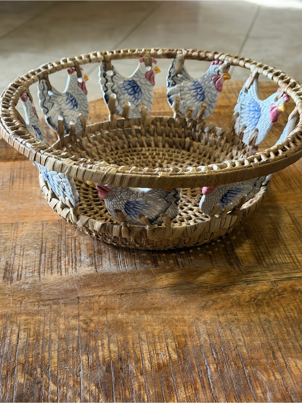 Ceramic Chicken Woven Basket Farmhouse Egg Bread Fruit Basket Hen Décor